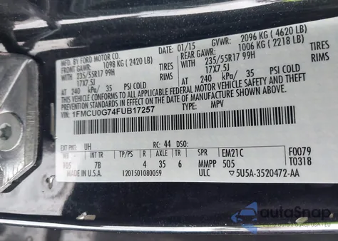 2015 Ford Escape Se z USA, uszkodzony, nr VIN 1FMCU0G74FUB17257